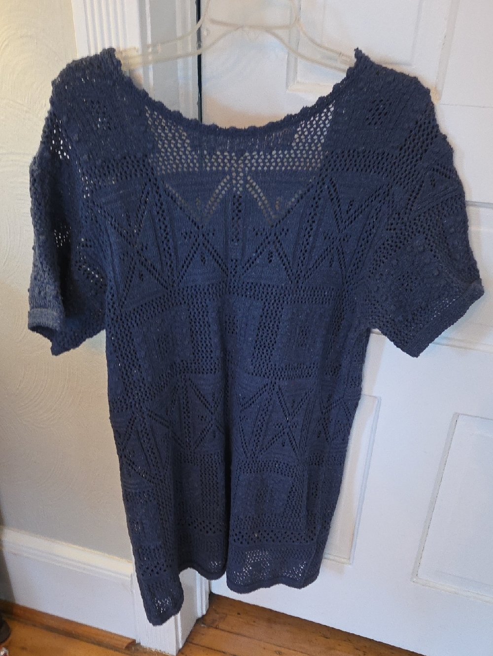 Bluivy Navy Open-Knit Short Sleeve Scoop Neck Sweater
